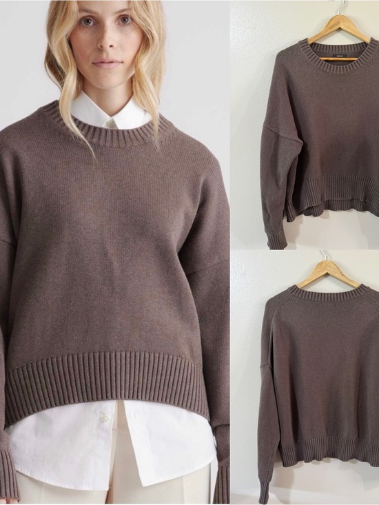 Quince Sweaters - Quince 100% Organic Cotton Boyfriend Crew Sweater, Heather Brown, Large